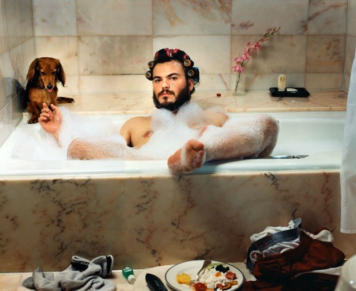 jack black in his bath with his dachshund Jack Black in bath with a Dachshund