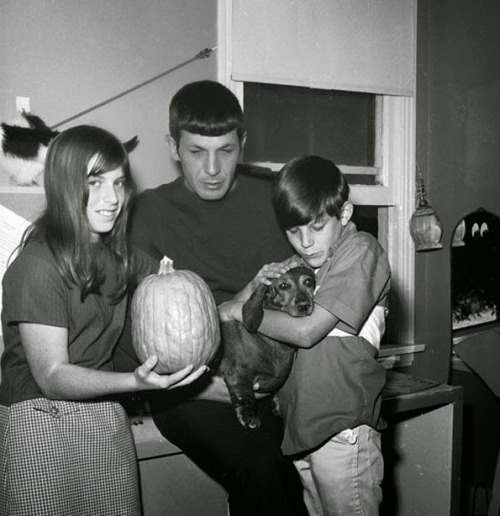 Nimoy with his children and dachshund